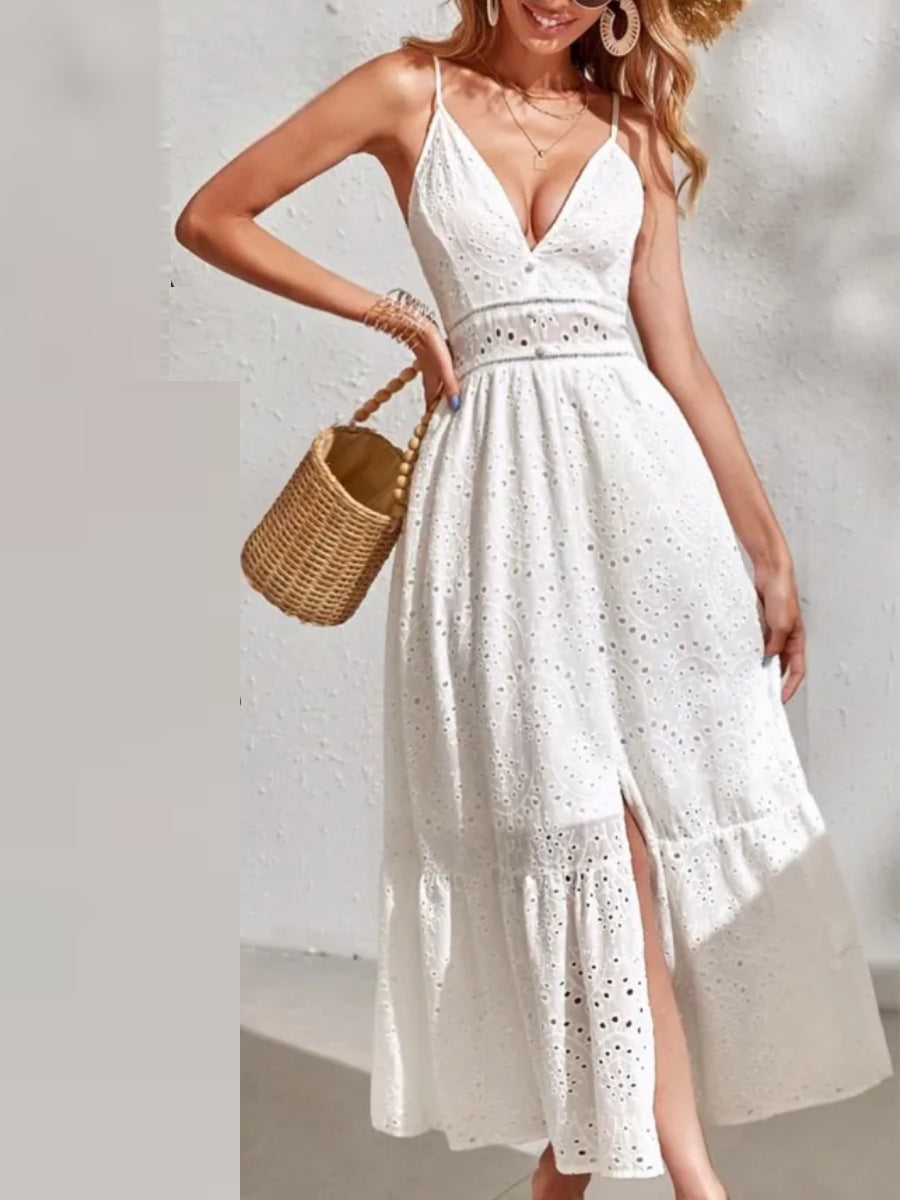 Russian  women's new summer sleeveless suspender dress hollow embroidery sleeveless jacquard suspender dress