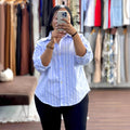 European and american cross-border women's fashion:  spring/summer new arrivals - stylish, designer, loose-fit, asymmetrical striped long-sleeve shirt top