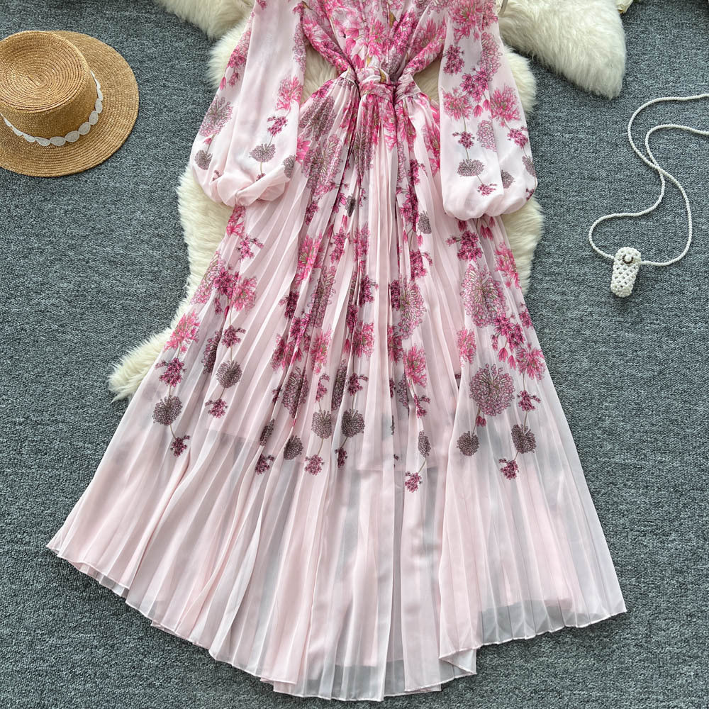 French chic dress - new  collection: high-end, figure-flattering, round neck, lantern sleeve, placement print, pleated maxi dress