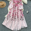 French chic dress - new  collection: high-end, figure-flattering, round neck, lantern sleeve, placement print, pleated maxi dress