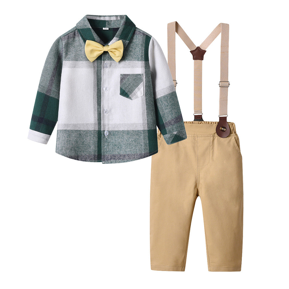 Factory direct export boys' suit: long-sleeved plaid shirt british style formal wear, boys' suit for spring and autumn, children's clothing