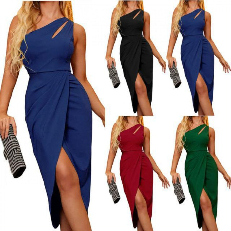 new european and american style sexy one-shoulder backless sleeveless bodycon slit dress