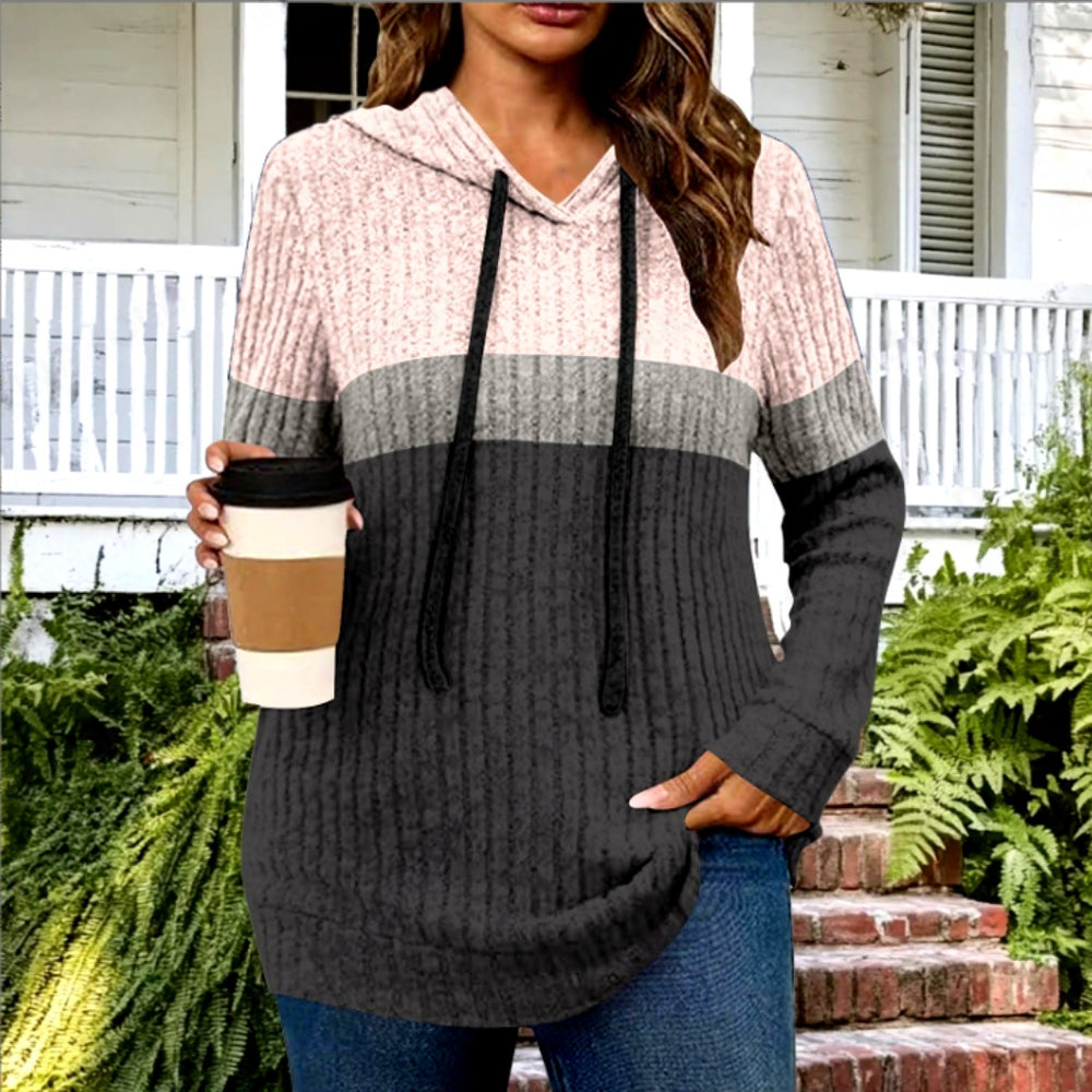 cross-border women's fashion color block warm knit pullover long sleeve hoodie top