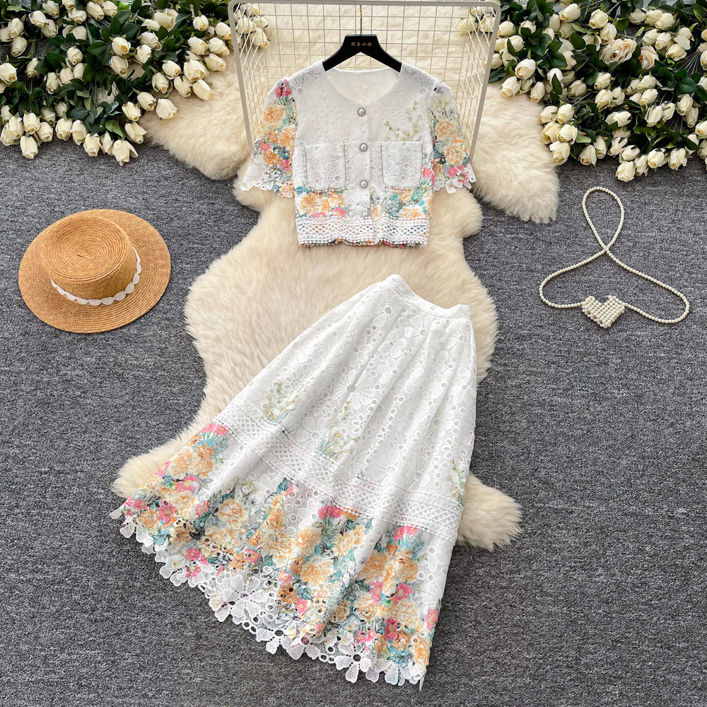 High-end, chic, and luxurious two-piece set:  summer new arrival - embroidered water-soluble lace top and high-waisted midi skirt for women