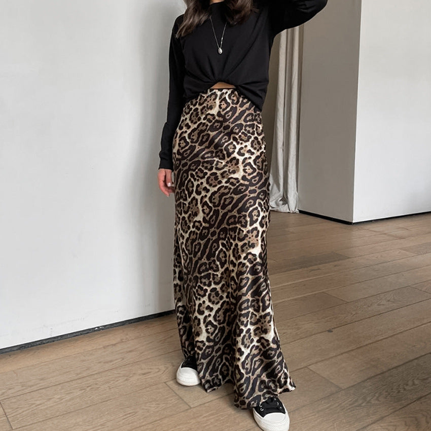 2024 autumn European and American retro leopard print skirt women's fashion high waist drape satin A-shaped dress wholesale women's clothing