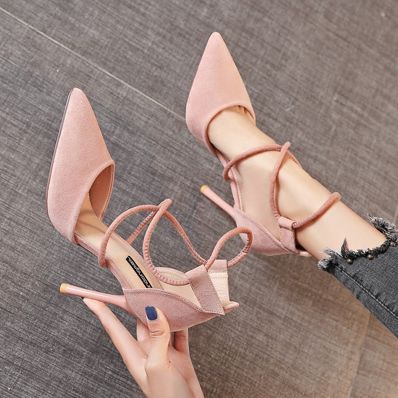 2025 summer european and american suede pointed-toe criss-cross ankle strap high heel sandals - women's sexy stiletto heels for banquets and nightclubs