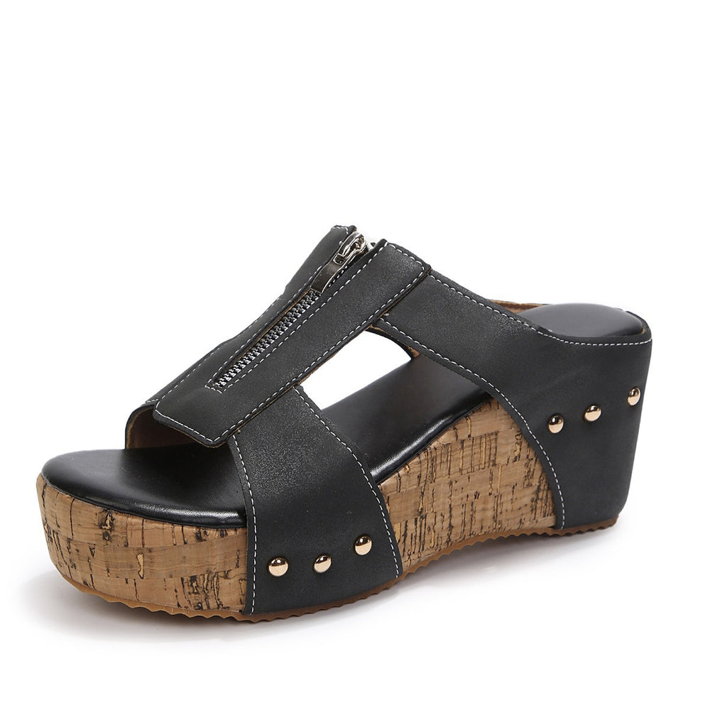 summer new thick-soled cross-border export wedge heel peep-toe slides, plus size women's rivet sandals wholesale