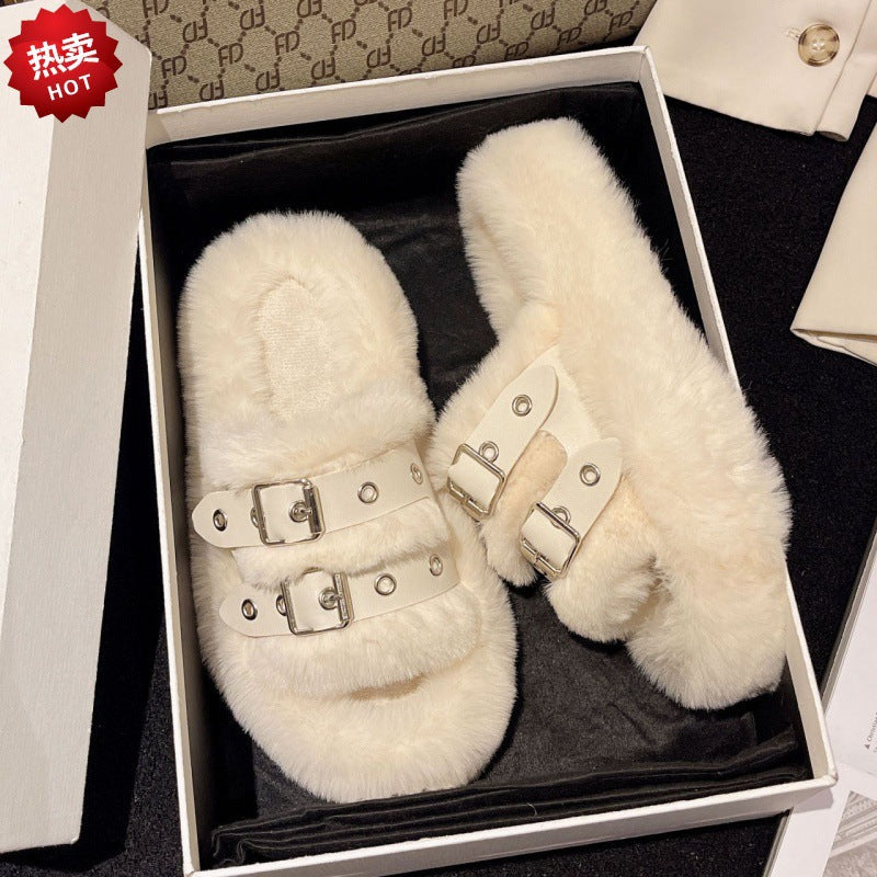 Plus size fur slippers for women 2023new arrivalfashion belt buckle thick solestuffed home outwear cotton slippers wholesale