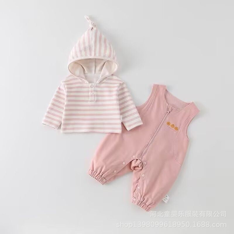 Infant and toddler two-piece overalls set, autumn wear, unisex baby hooded striped shirt and casual overalls jumpsuit