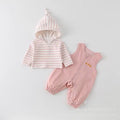 Infant and toddler two-piece overalls set, autumn wear, unisex baby hooded striped shirt and casual overalls jumpsuit