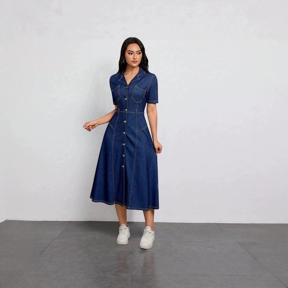 New arrivalfashion cross-border  independent station export short-sleeved lapel casual style shirt collar denim dress