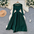 Miya european and american dress women's  autumn fashion beaded round neck long sleeve waist slimmingelegant pleated long skirt