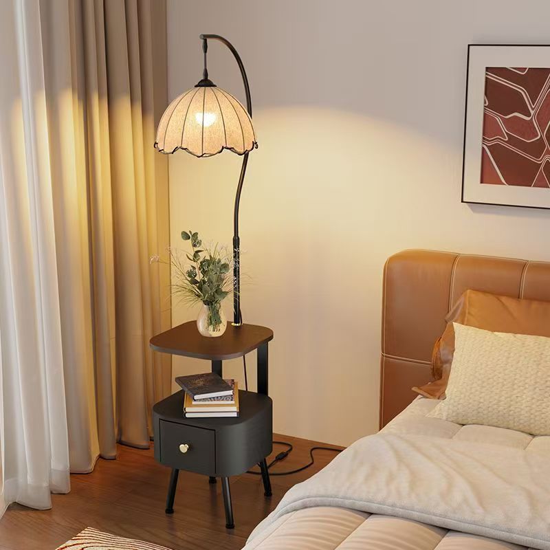 new french style bedside table - multifunctional solid wood nightstand with integrated floor lamp and storage shelf