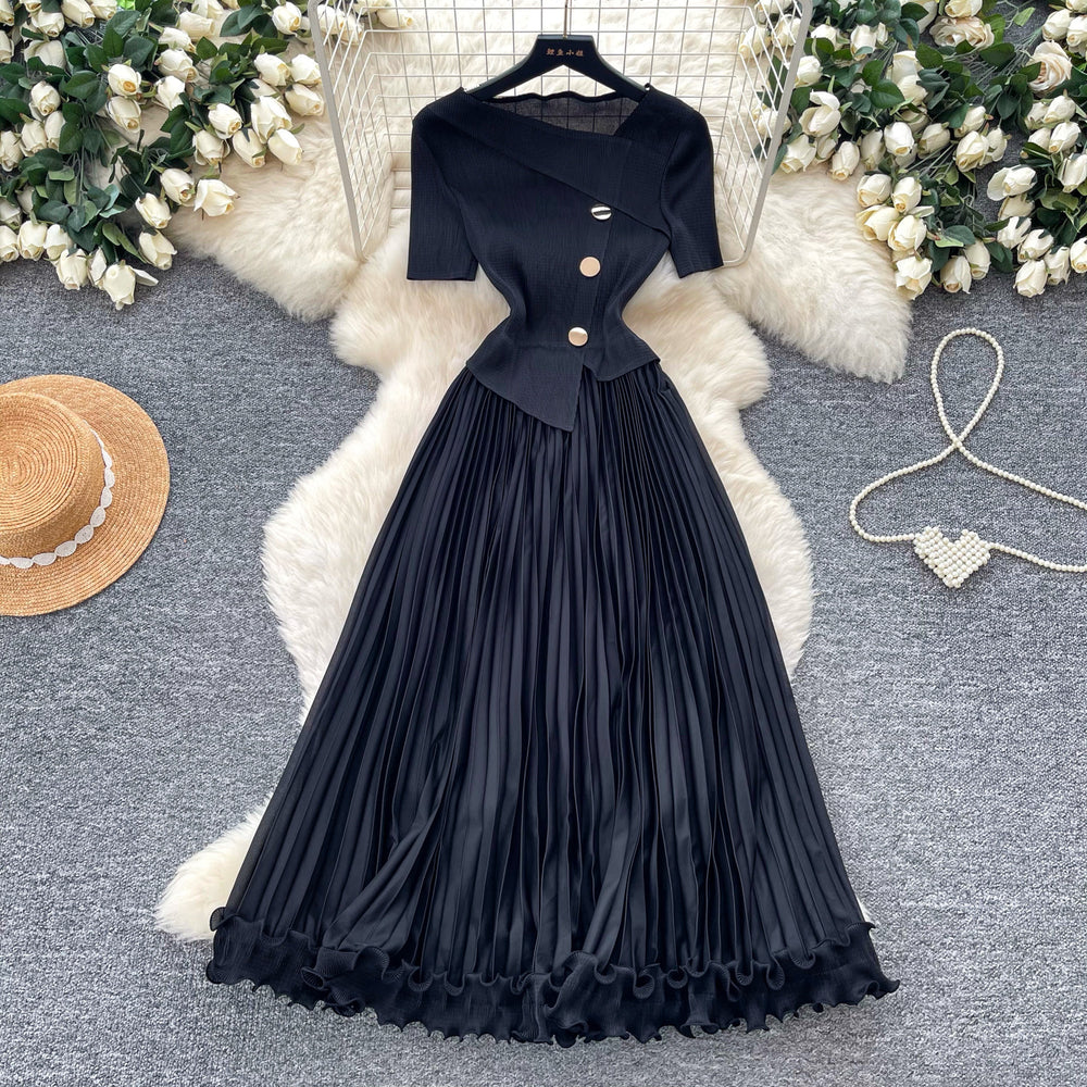 Accessible luxury classyelegance oblique collar elegantdress women's summerwork clothing style waist slimming lookpleated long skirt light mature style