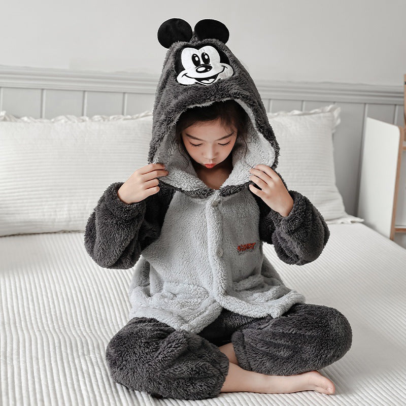 Girls' cartoon strawberry bear hooded pajamas - winter home wear two-piece set - warm, fleece-lined, and extra thick (sizes for toddlers to big kids)