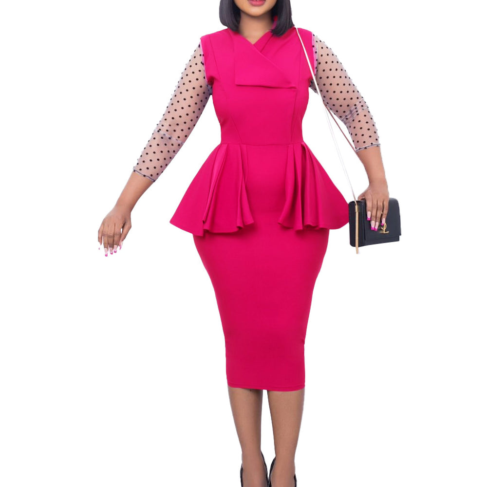 D283 cross-border supply  new temperament commuter mesh splicing v-neck ruffle pencil skirt european and american dress