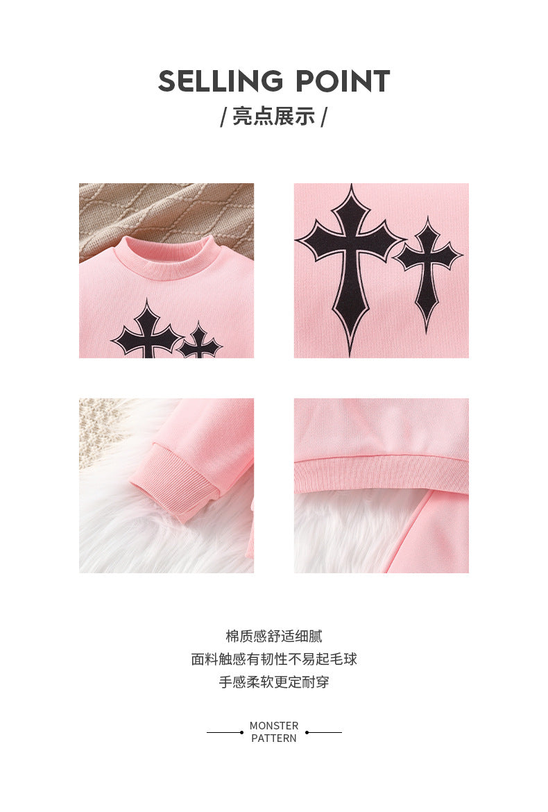 girls' long-sleeve outfit: pink crewneck sweatshirt and jogger pants set - perfect for dance and autumn/winter wear