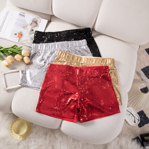 818 #new European and American high-waisted casual shorts hot pants women's high-elasticity sequins beads bar performance clothing enlarged