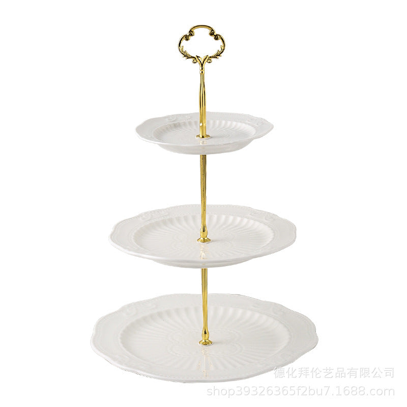 European-style pure white dessert plate, three-tier fruit platter, modern showroom display, creative embossed ceramic plate wholesale