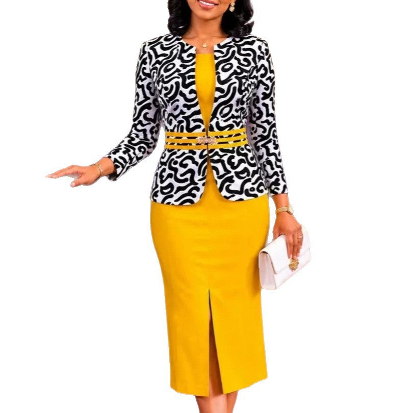 New arrivalprinting waist long sleevesoutwear elegance hip skirt party dresstwo-piece set