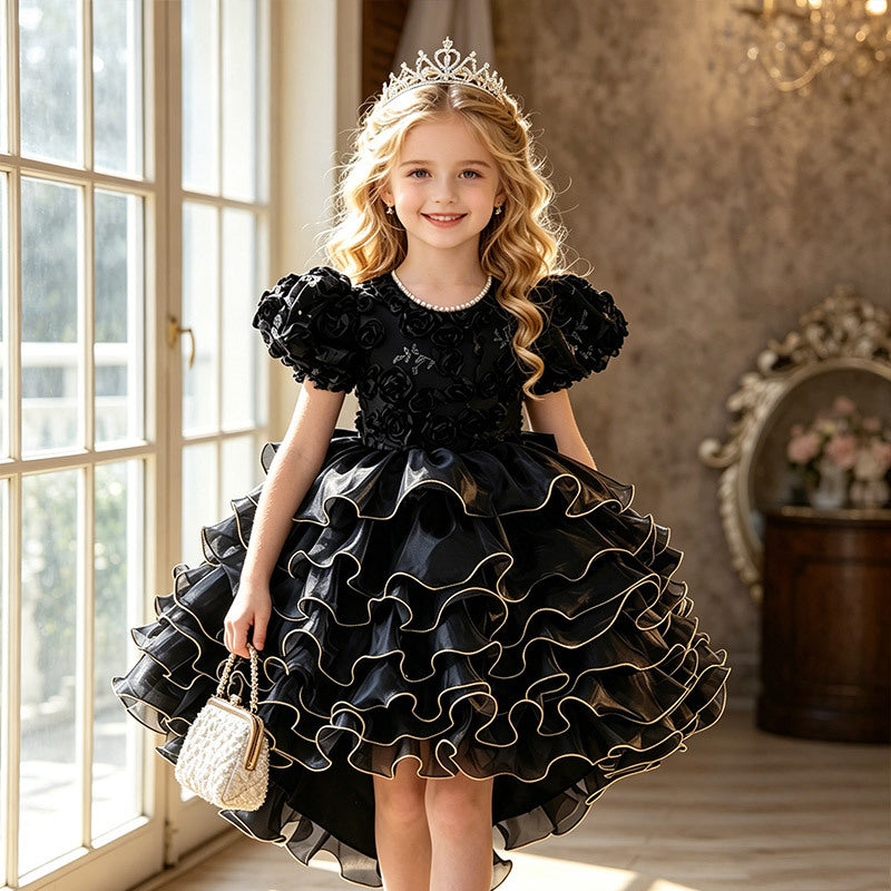 European and american style  girls' dress - high-low hem, train, tiered skirt, bow detail, detachable back - wholesale