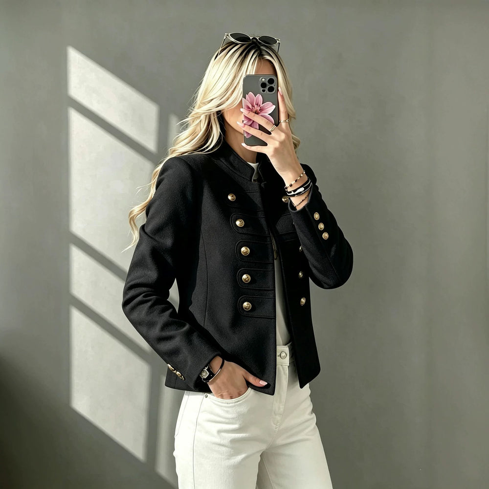 cross-border european and american style stand collar double-breasted cropped jacket - women's retro metal buckle chic commute top