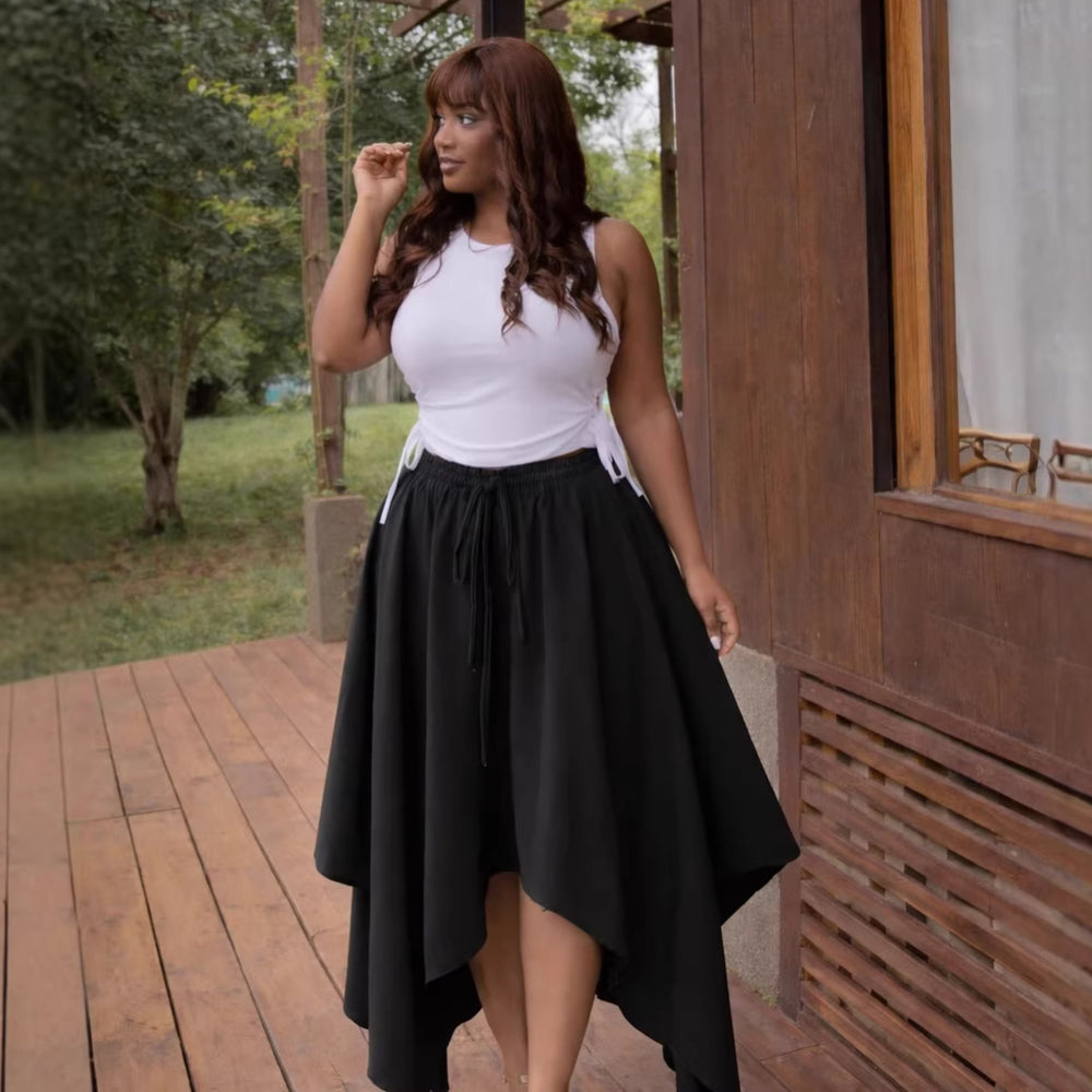 European and american cross-border women's clothing  summer new arrival: african-style plus size high-waisted asymmetrical tie-up midi skirt