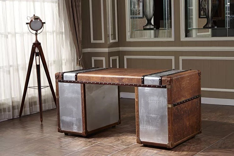 Industrial style office desk and chair combination american retro metal table creative aluminum leather studio office boss table aluminum leather