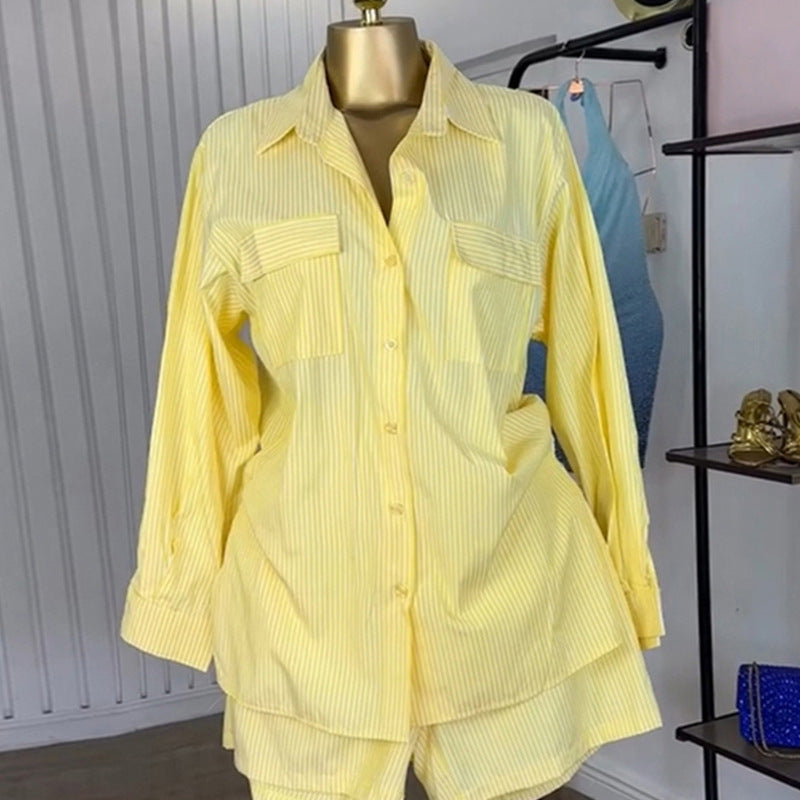 European and american cross-border women's fashion  autumn new arrival: elegant turn-down collar yellow striped long-sleeve shirt and wide-leg shorts set