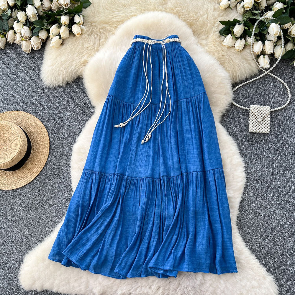 K-stylecasualhigh waisteasiest for match skirt for women summer gentle wind strap waist slimming look elegant large swing skirt