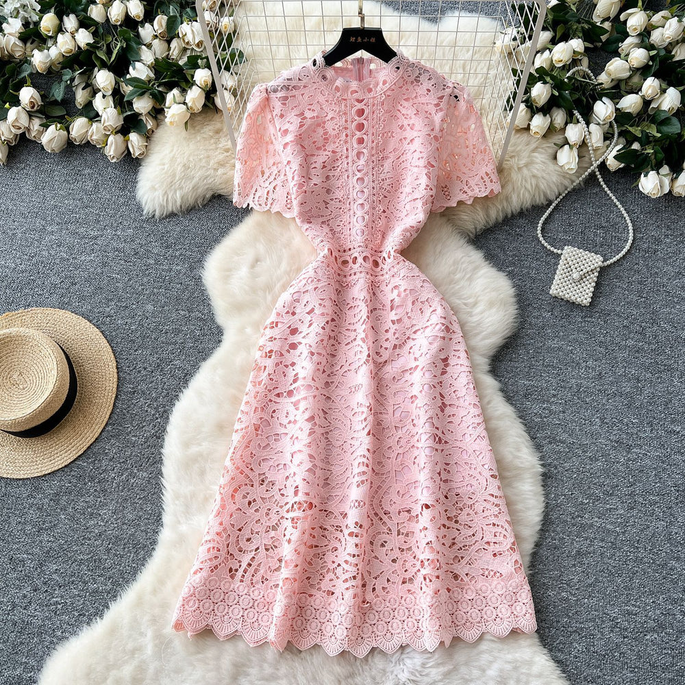 High-end hollow-out crochet lace dress - women's french style, slimming, elegant, short sleeve maxi dress - summer 2025 collection