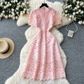 High-end hollow-out crochet lace dress - women's french style, slimming, elegant, short sleeve maxi dress - summer 2025 collection