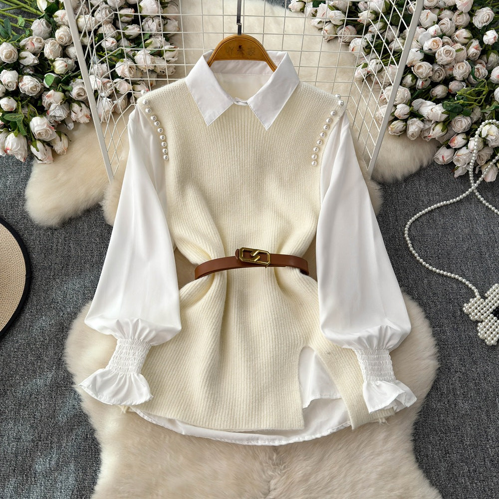 Autum shirt shirt plus knittingvesttwo-piece set female classy sense tweed style foreign style age reduction petitessuit