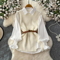 Autum shirt shirt plus knittingvesttwo-piece set female classy sense tweed style foreign style age reduction petitessuit