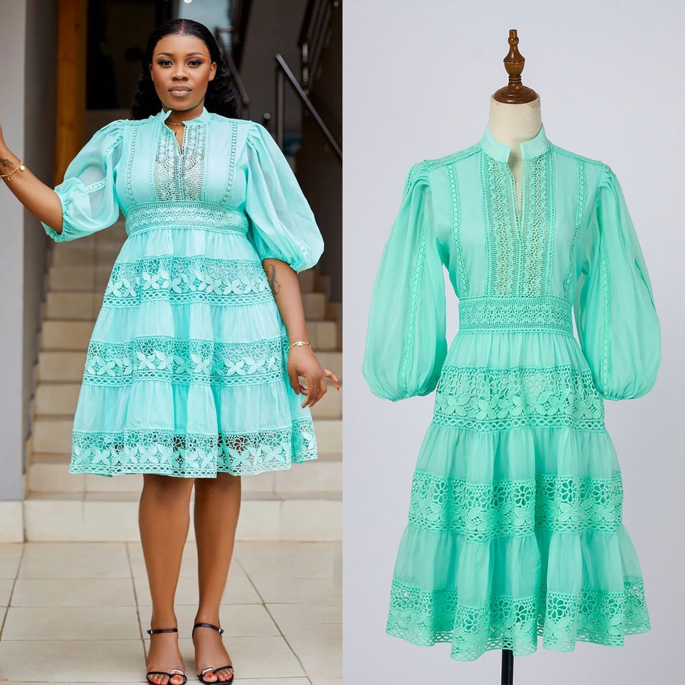 export solid color organza dress with semi-open collar, lantern sleeves, mid-sleeve, lace patchwork, and cinched waist mini dress