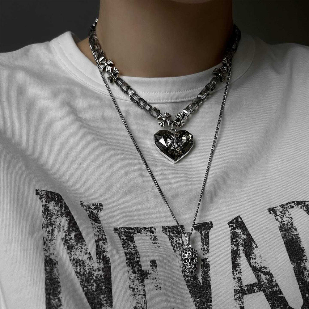 Hip-hop trendy versatile skull pendant necklace - statement layered metal heart cross men's necklace