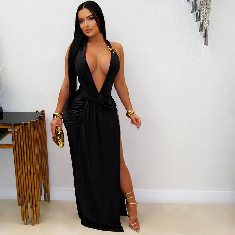 C7715 cross-border   fashion women's sexy deep v halter backless bodycon dress