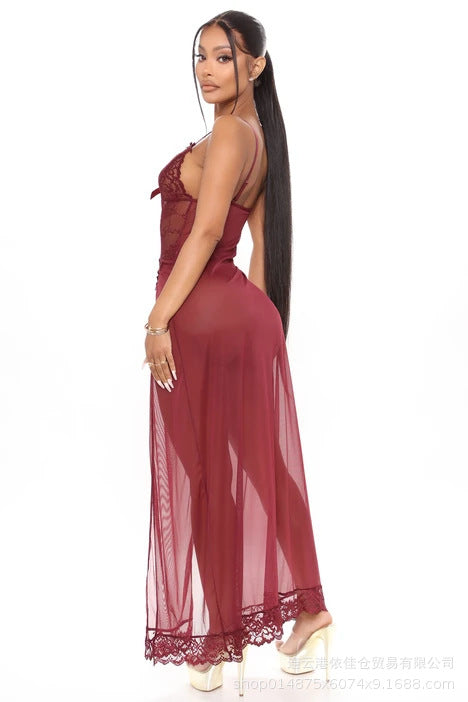 Suspender long skirt sexy intimates fashionplus sizesexylace pajamas cross-border floor-length skirt side slit see-through mesh