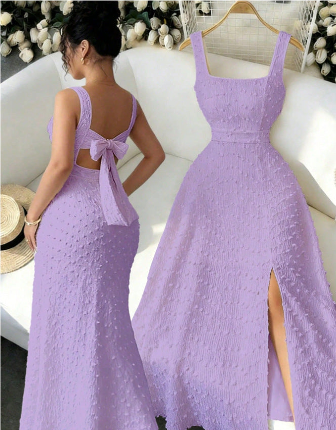 Amazon fashion  summer new arrival square neck sleeveless back bow tie strap sense dress