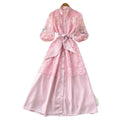 Korean style lace a-line embroidered hollow-out dress - women's spring/summer long sleeve slimming waist-defining commute maxi dress - pink