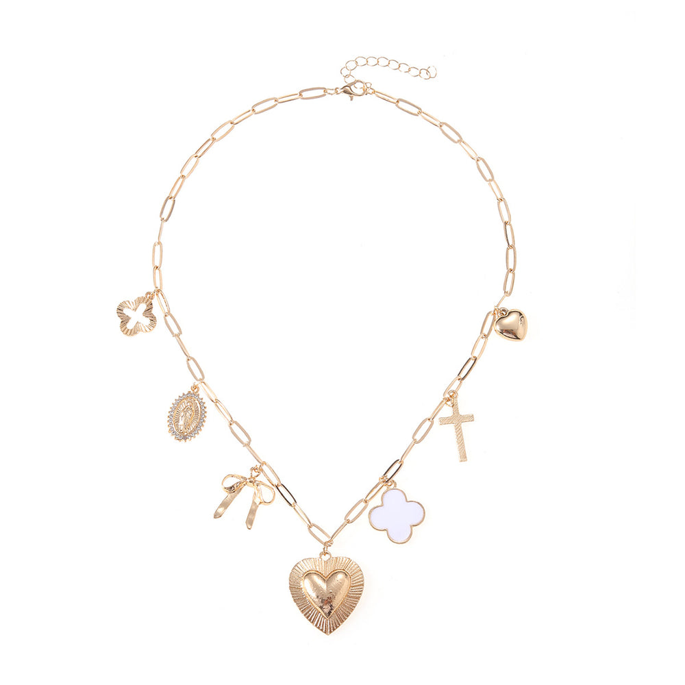 European and american cross-border trendy metal cross heart enamel pendant necklace sweet bowknot necklace