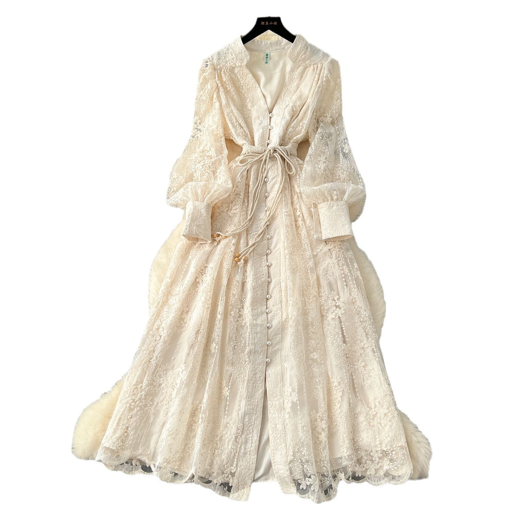 French high-end women's dress - spring  collection: cinched waist, exquisite embroidery, v-neck, lantern sleeves, single-breasted long dress