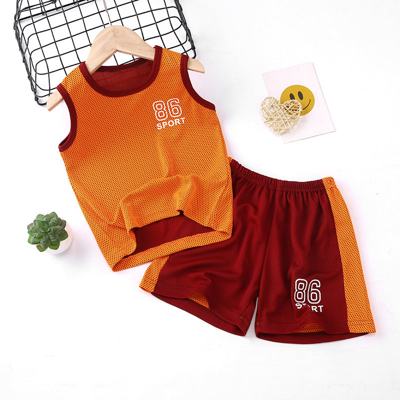 Kids' summer outfit: boys' tank top set, quick-dry athletic mesh, big kids' sleeveless, baby summer two-piece set for girls