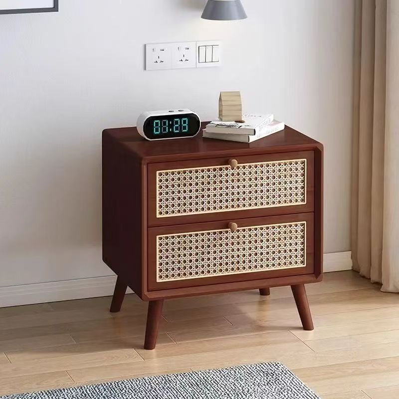Rattan bedside table wooden cherry color walnut color log color scandinaviancasual style mini solid wood storage cabinet