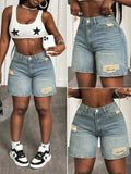 European and american style women's distressed denim shorts - vintage high-waisted straight-leg jeans