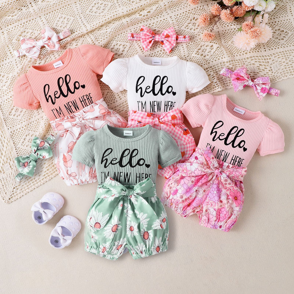 Children's clothingletterprinting short-sleeved khaki + printing pattern shortssuit headband three pieces