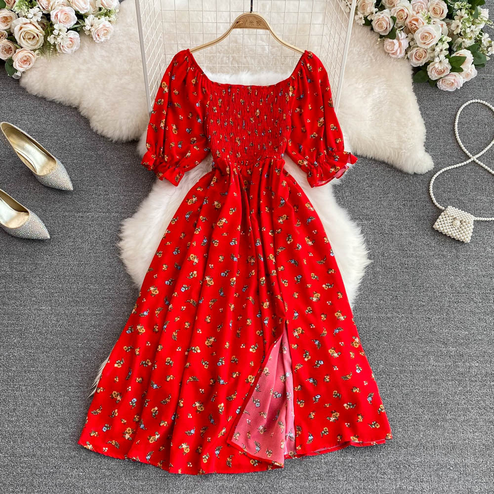 2024 summer new french chic sweet square neck puff sleeve a-line dress with cinched waist and slit – slimming and flattering
