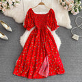 2024 summer new french chic sweet square neck puff sleeve a-line dress with cinched waist and slit – slimming and flattering