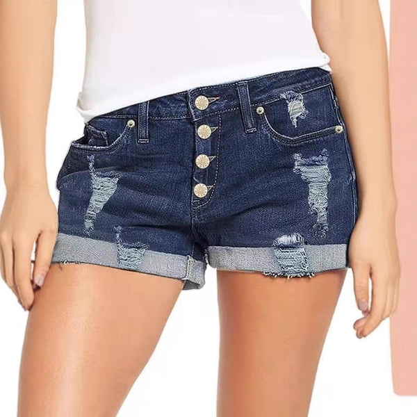 European and American  high waist ripped hemming denim shorts women