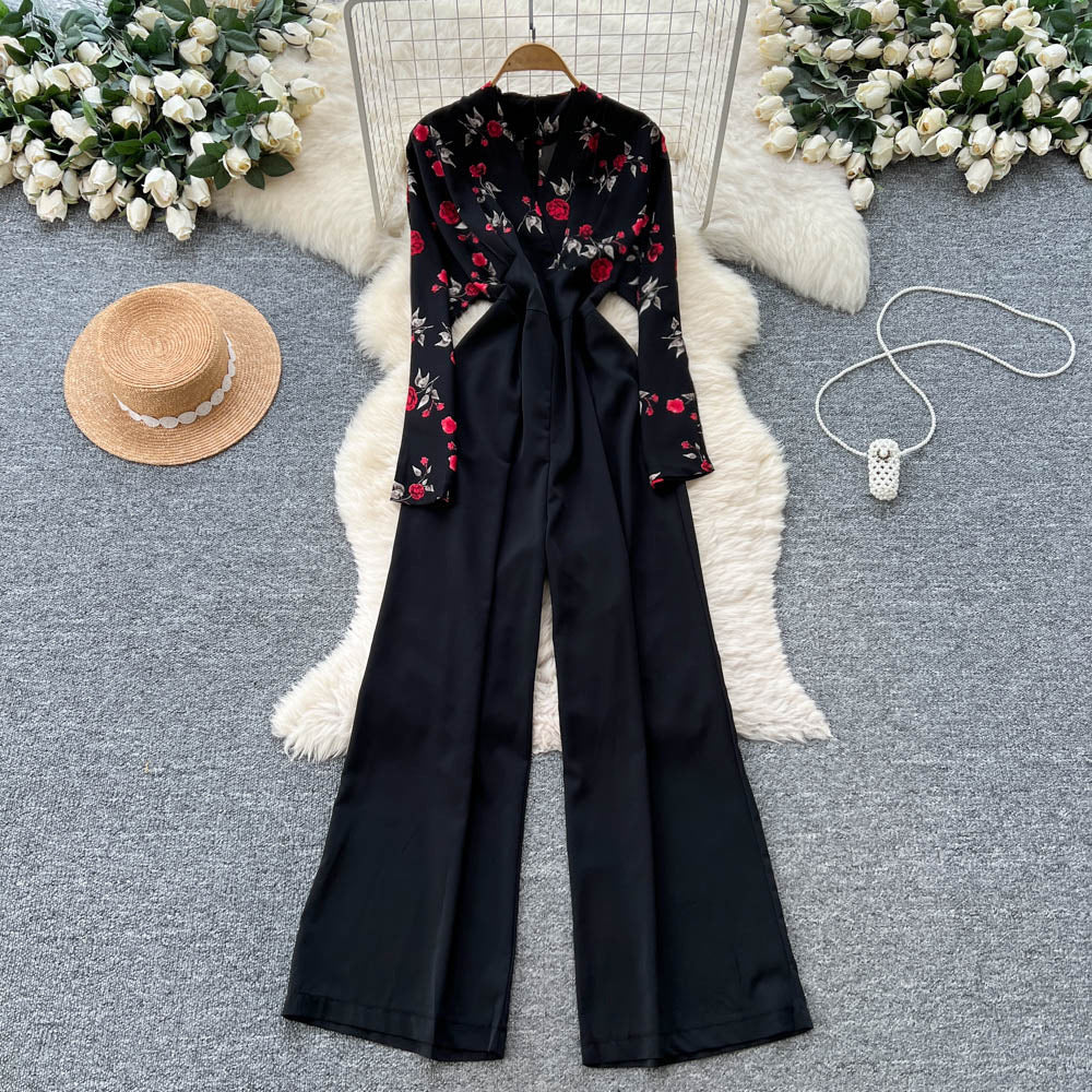 Autumn wear light mature style royal sister style classy sense v necklong sleevesprintingpatchworkhigh waistslimming lookcasualloose pants jumpsuit